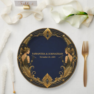 Gatsby flapper girls marineblauw gouden trouwdiner papieren bordje