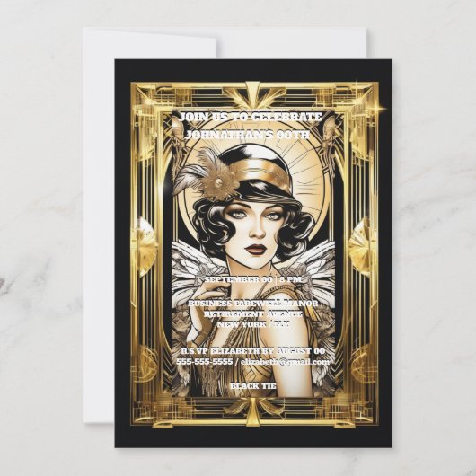 Gatsby flapper meisje donker haar zwart goud evene kaart (Voorkant)