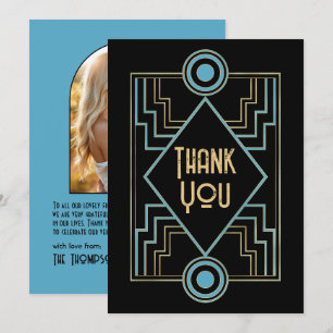 Gatsby-geïnspireerde Art Deco blauwe & gouden trou Bedankkaart