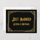 Gatsby Gewoon Getrouwd Goud Zwart Art Deco Bruilof Aankondigingskaart (Voorkant / Achterkant)