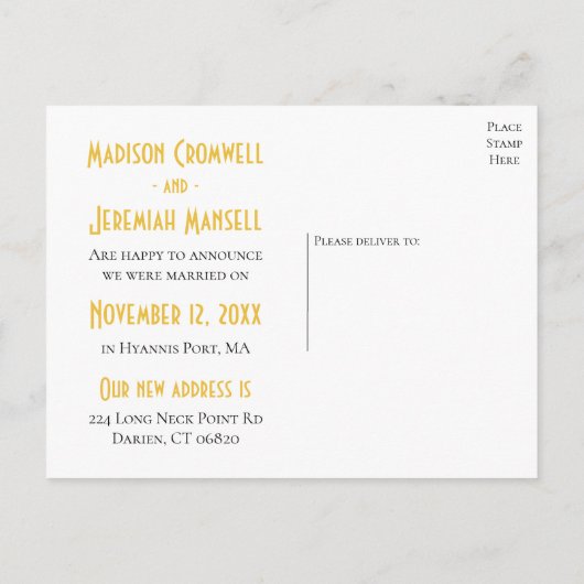 Gatsby Gewoon Getrouwd Goud Zwart Art Deco Bruilof Aankondigingskaart (Achterkant)