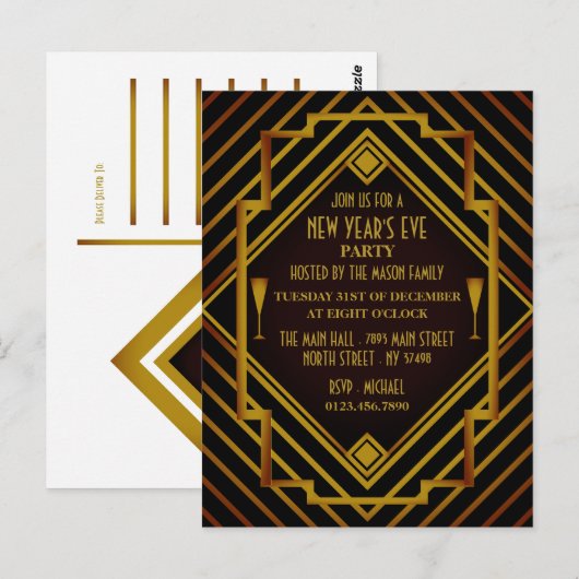 Gatsby Gold 1920 Nieuwjaarsfeest Uitnodiging (Voorkant / Achterkant)
