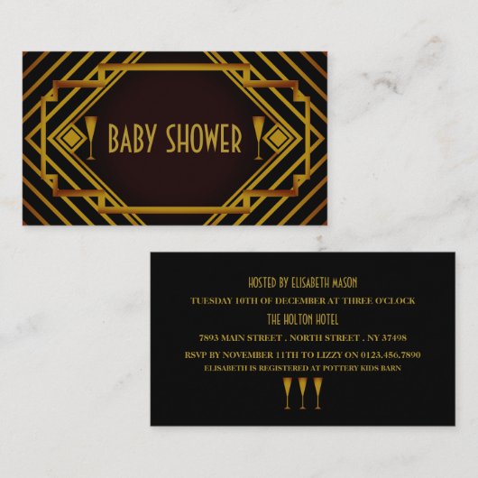 Gatsby Gold 2020's Baby shower Ticket Invitation Informatiekaartje (Voorkant / Achterkant)