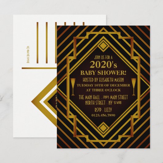 Gatsby Gold 2020's Baby shower Uitnodiging (Voorkant / Achterkant)