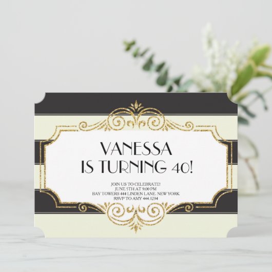 Gatsby Gold Black Glitter verjaardagsuitnodigingen Kaart (Staand voorkant)