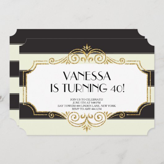 Gatsby Gold Black Glitter verjaardagsuitnodigingen Kaart (Voorkant / Achterkant)