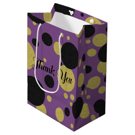 Gatsby Gold & Paarse Sparkle Polka-Dot Party Medium Cadeauzakje (Voorkant Gekanteld)
