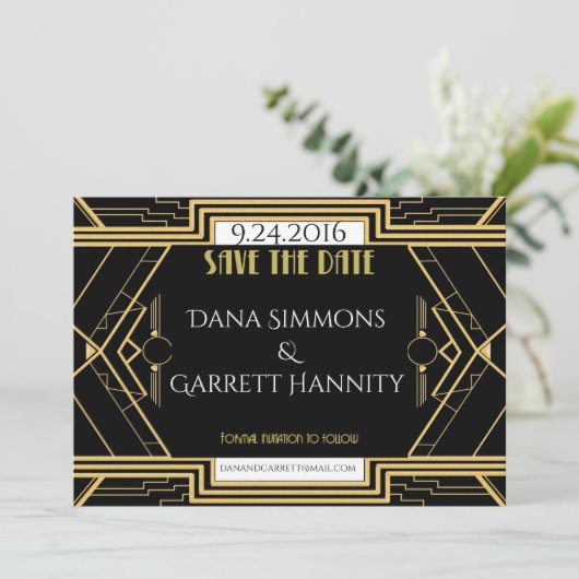 Gatsby Gold Wedding Suite Ceremony Party Save The Date (Staand voorkant)