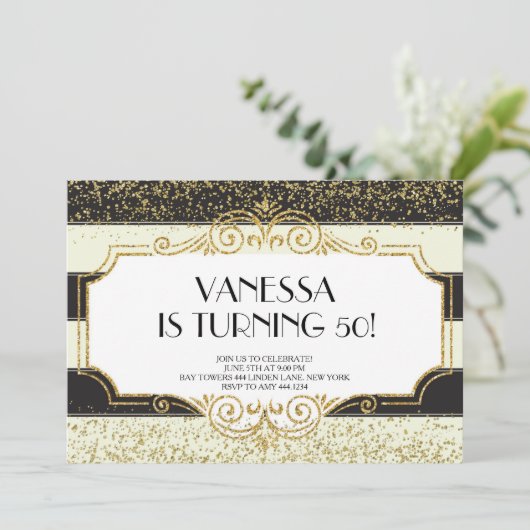 Gatsby Goud Zwart Glitter 50e verjaardag Kaart (Staand voorkant)