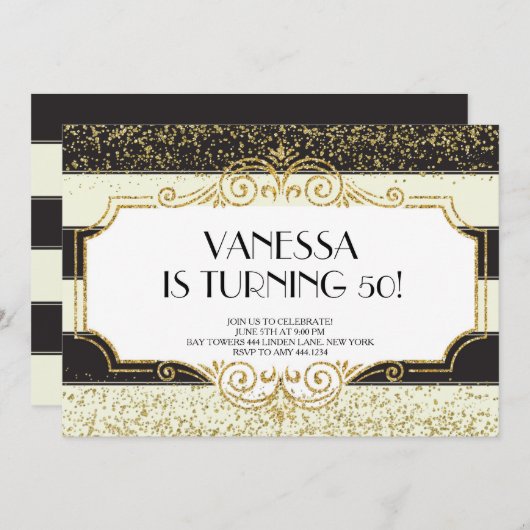 Gatsby Goud Zwart Glitter 50e verjaardag Kaart (Voorkant / Achterkant)