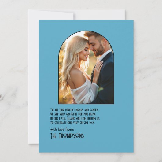 Gatsby-Inspired Art Deco Blue & Gold Wedding Photo Bedankkaart (Achterkant)