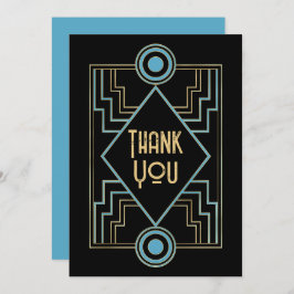 Gatsby-Inspired Art Deco Blue & Gold Wedding Photo Bedankkaart