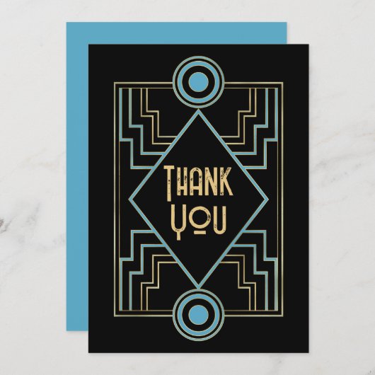 Gatsby-Inspired Art Deco Blue & Gold Wedding Photo Bedankkaart (Voorkant / Achterkant)