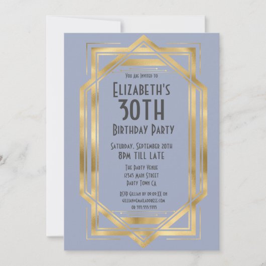 Gatsby jaren '20 Art Deco Blauw | Goud 30e verjaar Kaart (Voorkant)