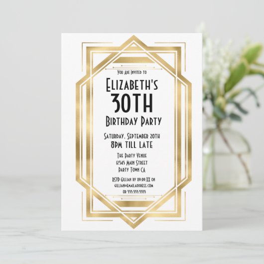 Gatsby jaren '20 Art Deco White | Goud 30e verjaar Kaart (Staand voorkant)