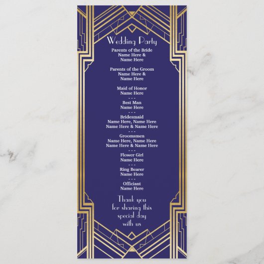 Gatsby Navy & Gold Art Deco 1920s Wedding Programm Programmakaart (Achterkant)