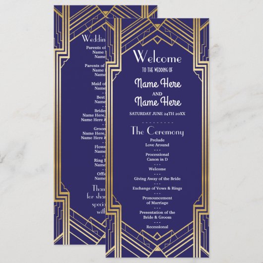 Gatsby Navy & Goud Art Deco 1920 trouwprogramma Programmakaart (Voorkant / Achterkant)