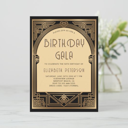 Gatsby Party Roaring 20s Art Deco Boog Verjaardag Kaart (Staand voorkant)