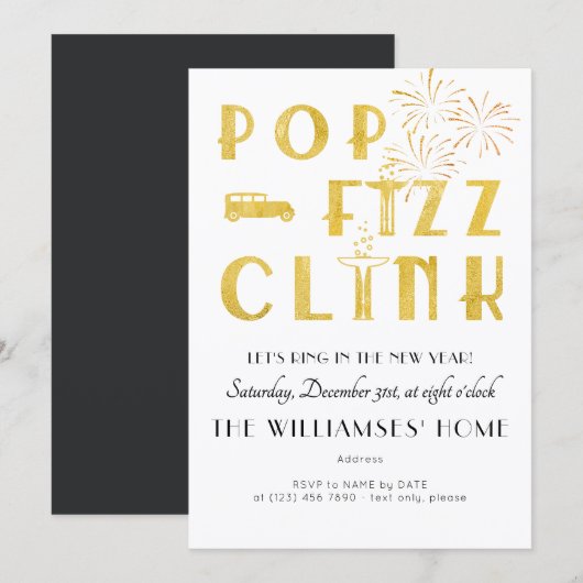 Gatsby Pop Fizz Clink Art Deco New Years Eve Party Kaart (Voorkant / Achterkant)
