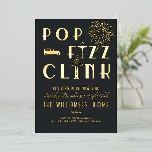 Gatsby Pop Fizz Clink Art Deco Nieuwjaarsfeest Folie Uitnodiging (Staand Voorkant)