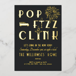 Gatsby Pop Fizz Clink Art Deco Oud en Nieuw Feestj Folie Uitnodiging