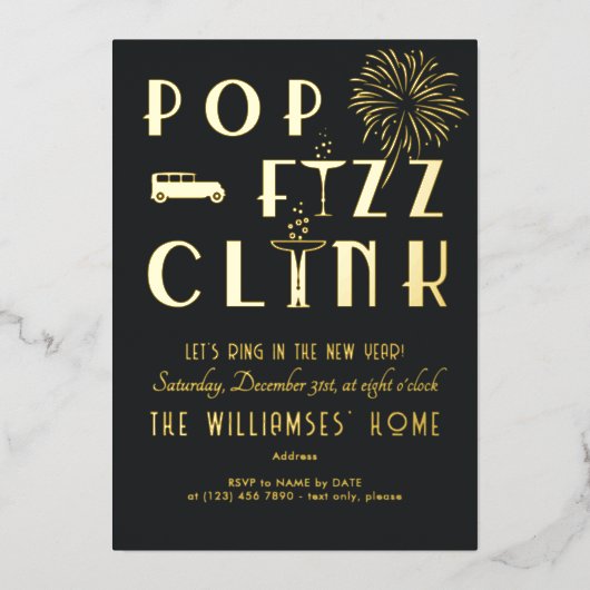 Gatsby Pop Fizz Clink Art Deco Oud en Nieuw Feestj Folie Uitnodiging (Voorkant)