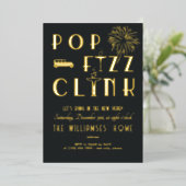 Gatsby Pop Fizz Clink Art Deco Oud en Nieuw Feestj Folie Uitnodiging (Staand Voorkant)