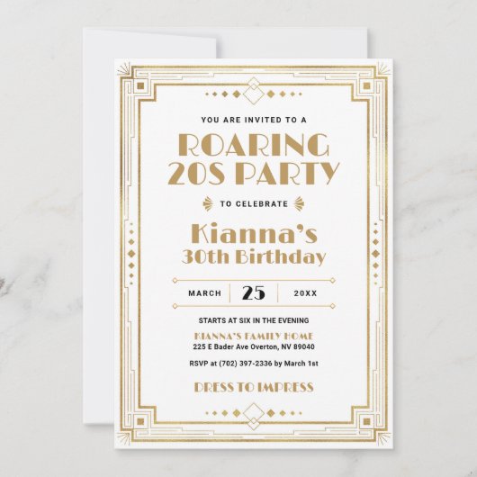 Gatsby Roaring 20s Art Deco Verjaardag Wit Goud Kaart (Voorkant)