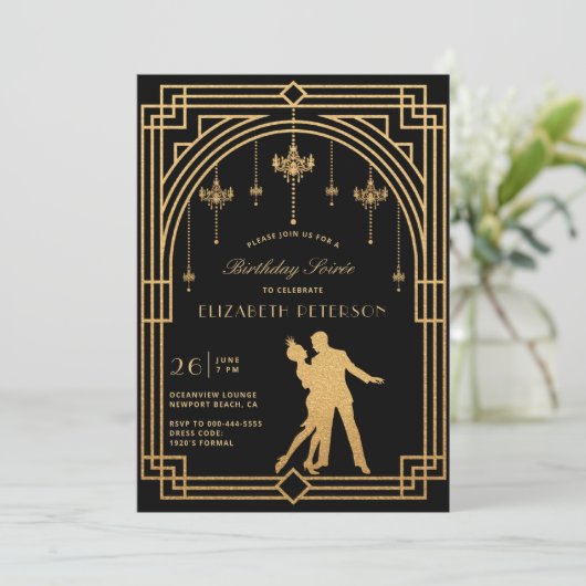 Gatsby Roaring 20s Deco Chandeliers Gouden Verjaar Kaart (Staand voorkant)