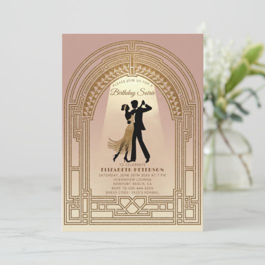 Gatsby Roaring Twenties Deco Arch Roze Verjaardag Kaart (Staand voorkant)