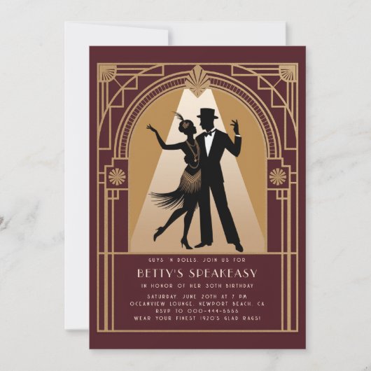 Gatsby Speakeasy 1920s Deco Gouden Bourgondische V Kaart (Voorkant)