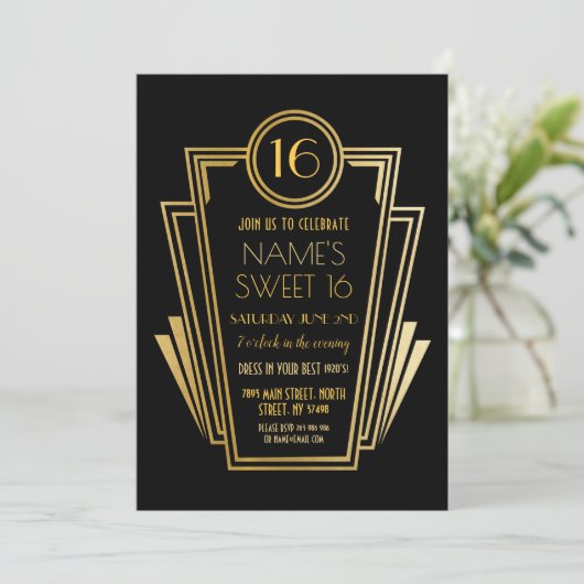 Gatsby Sweet 16 Verjaardagsfeest Art Deco 1920s Go Kaart (Staand voorkant)