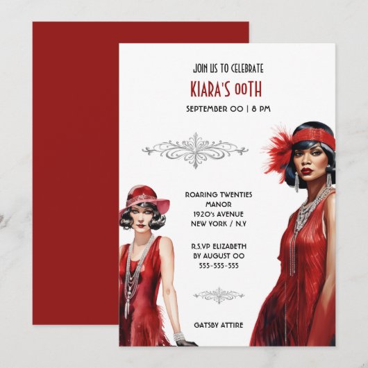 Gatsby thema rode zwarte flapper meisjes melanine kaart (Voorkant / Achterkant)