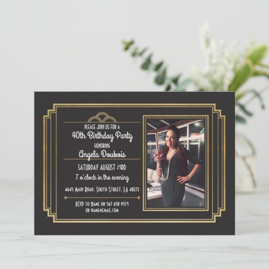 Gatsby verjaardagsfeest 1920's brullende gouden ui kaart (Staand voorkant)