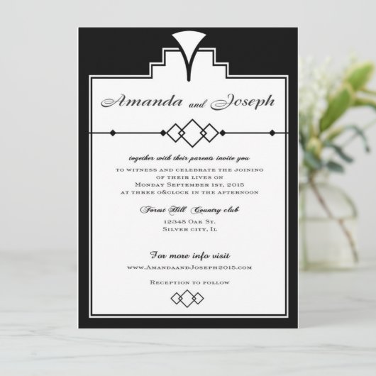 Gatsby Wedding-uitnodiging Zwart-wit Kaart (Staand voorkant)
