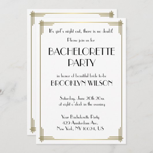 Gatsby White Art Deco Bachelorette Party nodigt ui Kaart (Voorkant / Achterkant)