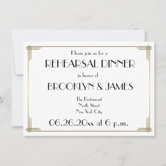Gatsby White Art Deco Wedding Rehearsal Invites Kaart (Voorkant)