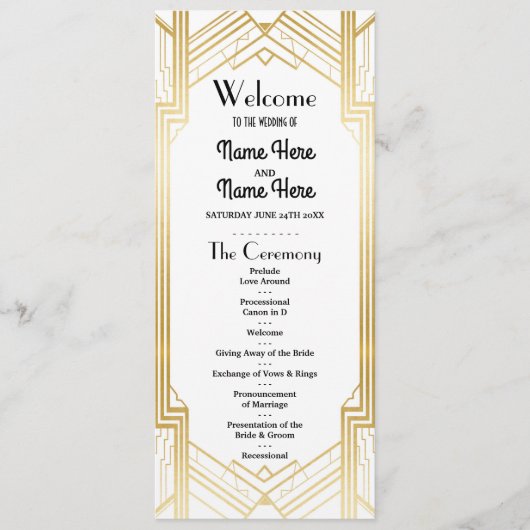 Gatsby White & Gold Art Deco 1920s Wedding Program Programmakaart (Voorkant)