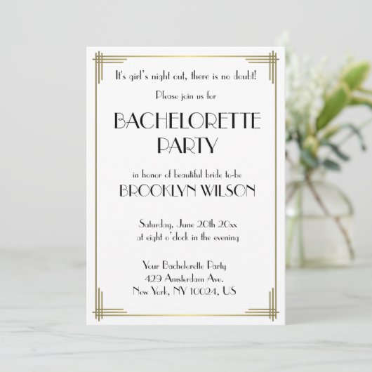 Gatsby Witte Art Deco Bachelorette Party Uitnodigi Kaart (Staand voorkant)