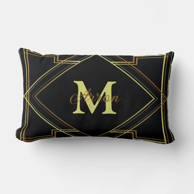 Gatsby zwart en goud geometrisch patroon art deco kussen (Voorkant)