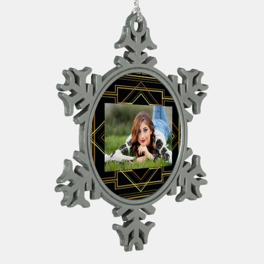 Gatsby zwart en goud geometrisch patroon art deco tin sneeuwvlok ornament (Links)