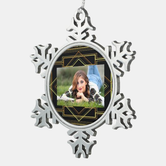 Gatsby zwart en goud geometrisch patroon art deco tin sneeuwvlok ornament (Rechts)