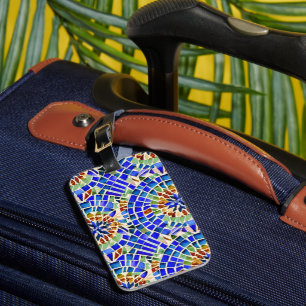 Gaudi geïnspireerd blauw ronde vormen mozaïek patr bagagelabel