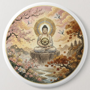 Gautam Buddh Meditatie Kunst Knop - Vreedzame Dham Ronde Button 6,0 Cm