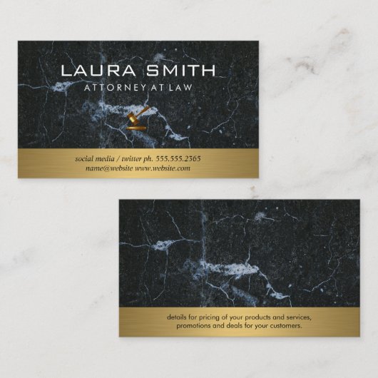 Gavel-pictogram | Procureur | Goud metaal | Marmer Visitekaartje (Voorkant / Achterkant)