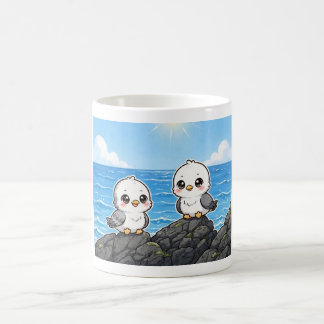 Gaviotas kawaii en la Roca frente al mar Koffiemok