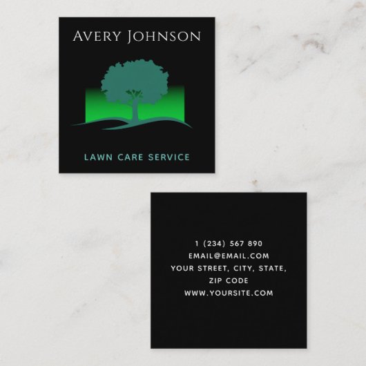 Gawn Care Service Green Neon Tree & Grass Modern Vierkante Visitekaartje (Voorkant / Achterkant)