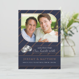 Gay and Lesbian Blue Pinstripe Photo Wedding Kaart