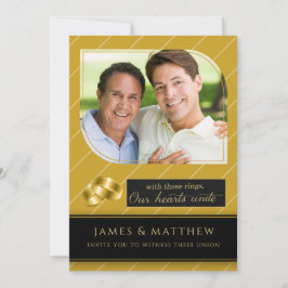 Gay and Lesbian Gold Pinstripe Photo Wedding Kaart