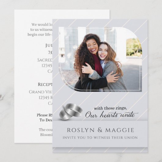 Gay and Lesbian Silver Pinstripe Photo Wedding Kaart (Voorkant / Achterkant)